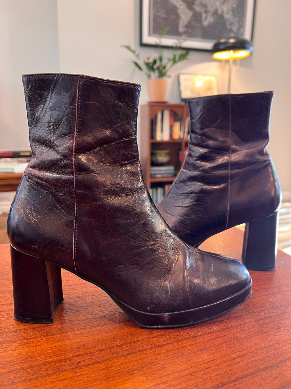 Oxblood Leather Platform Block Heel Mid-Calf Boots Side-Zip Made in Spain 8